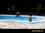 After watching throughout binoculars a pool threesome and masturbating, Papy makes a decision to join the chick and the two studs.
