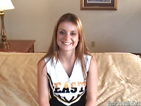 Dressed in a cheerleader outfit, eighteen year old Denice K. admits that babe is very nervous!