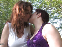 two old and youthful lesbos go at outside in the woods