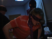 Blind folded nasty guy is sucking a boner and gets drilled rough inside