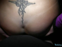 Look at the vagina of woman with tattooed back is penetrated by a hard schlong